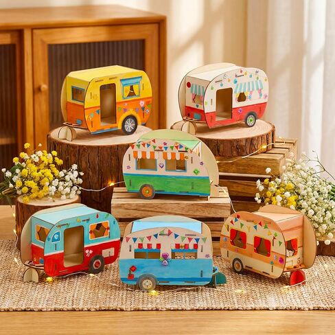 DoubleFill 12 Pack Camping Craft Kits DIY Unfinished Wooden Camper Craft Bulk Paint Your Own Wooden Cars Summer Camping Party Favor with Paints and Brushes for Kids Arts Projects in Kuwait