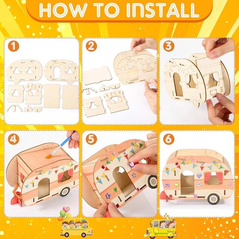 DoubleFill 12 Pack Camping Craft Kits DIY Unfinished Wooden Camper Craft Bulk Paint Your Own Wooden Cars Summer Camping Party Favor with Paints and Brushes for Kids Arts Projects in Kuwait
