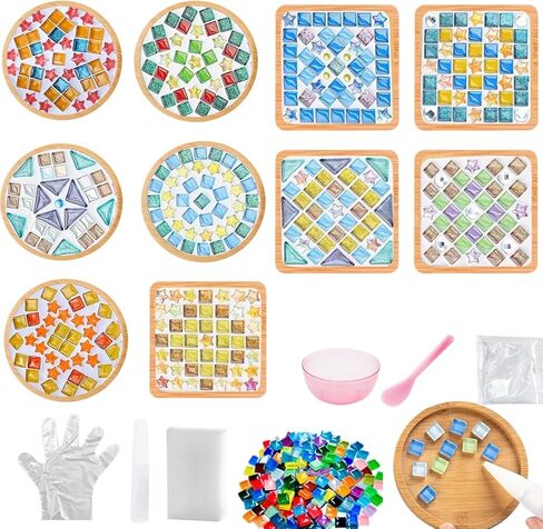 kuchisity 10 Set DIY Glass Mosaic Tiles for Crafts, Mixed Color Mosaic Kits with Wooden Coasters for Adults Bamboo Coaster for Creative Handmade Drinks Home Decoration in Saudi Arabia