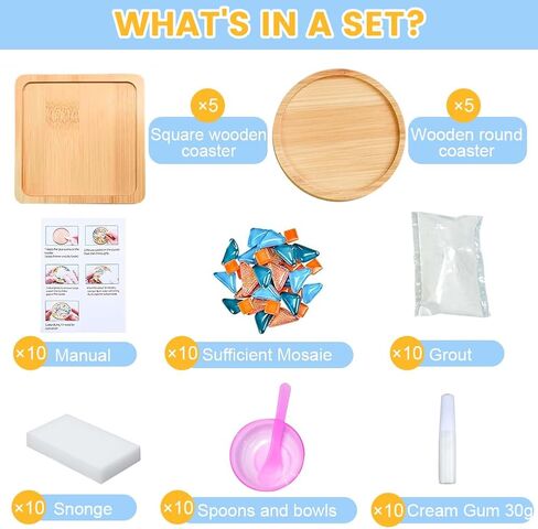 kuchisity 10 Set DIY Glass Mosaic Tiles for Crafts, Mixed Color Mosaic Kits with Wooden Coasters for Adults Bamboo Coaster for Creative Handmade Drinks Home Decoration in Saudi Arabia