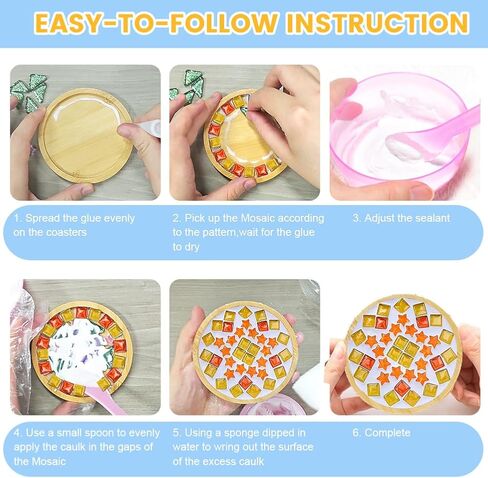 kuchisity 10 Set DIY Glass Mosaic Tiles for Crafts, Mixed Color Mosaic Kits with Wooden Coasters for Adults Bamboo Coaster for Creative Handmade Drinks Home Decoration in Saudi Arabia