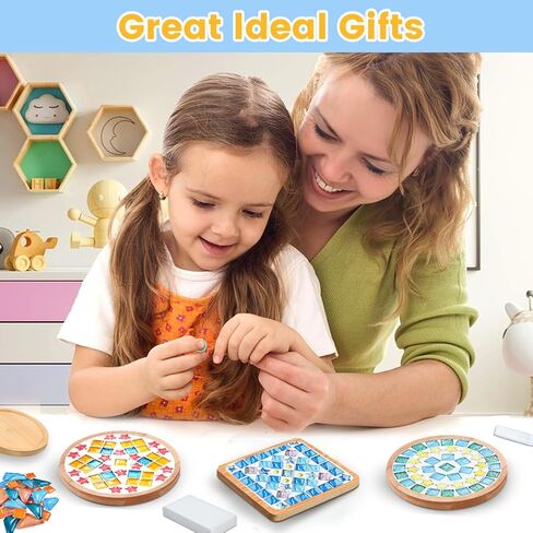 kuchisity 10 Set DIY Glass Mosaic Tiles for Crafts, Mixed Color Mosaic Kits with Wooden Coasters for Adults Bamboo Coaster for Creative Handmade Drinks Home Decoration in Saudi Arabia
