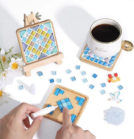 kuchisity 10 Set DIY Glass Mosaic Tiles for Crafts, Mixed Color Mosaic Kits with Wooden Coasters for Adults Bamboo Coaster for Creative Handmade Drinks Home Decoration in Saudi Arabia