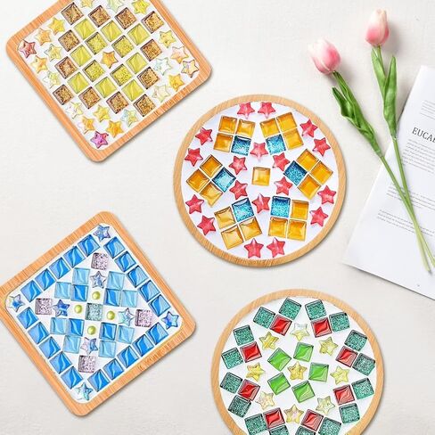 kuchisity 10 Set DIY Glass Mosaic Tiles for Crafts, Mixed Color Mosaic Kits with Wooden Coasters for Adults Bamboo Coaster for Creative Handmade Drinks Home Decoration in Saudi Arabia