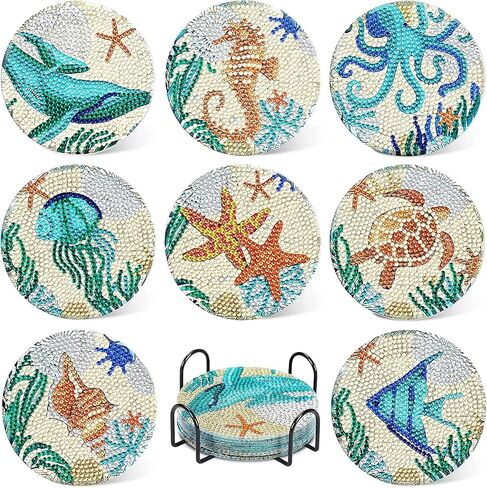 8 Pcs Diamond Art Painting Coaster Kit with Holder, DIY Ocean Diamond Painting Coasters for Adults Beginners, 5D Gem Art DIY Crafts for Gift Life in Kuwait