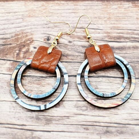 Boho Vintage Geometric Dangle Earrings Wooden Leather Earrings Ethnic Style Vintage Sunflower Earrings Christmas Gray Earrings Set for Women in Saudi Arabia