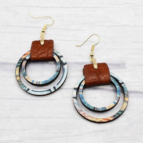 Boho Vintage Geometric Dangle Earrings Wooden Leather Earrings Ethnic Style Vintage Sunflower Earrings Christmas Gray Earrings Set for Women in Saudi Arabia