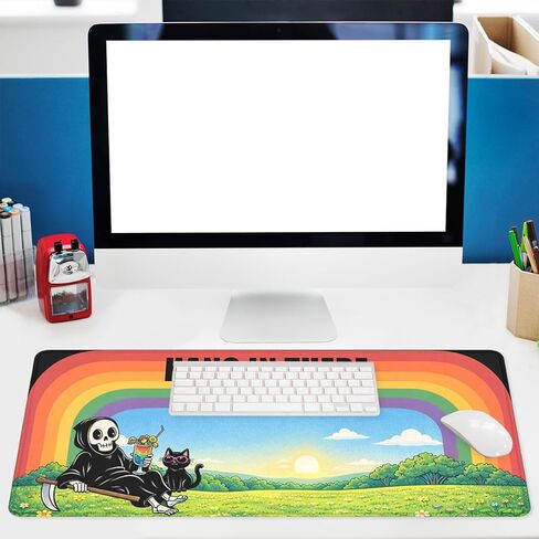 Funny Skeleton Mouse Pad, Cartoon Rainbow Cat Quote Gaming Desk Mat with Stitched Edges,Non-Slip Waterproof Rubber Base Mouse Mat, 35.4x15.7in Mouse Pads for Desk Home Office Gaming in Kuwait