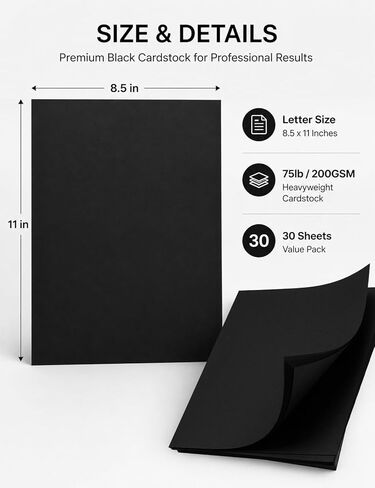Black Cardstock 8.5 x 11-30 Sheets Premium 75lb/200GSM Black Card Stock, Heavyweight Printer Paper for Invitations, DIY Crafting, Scrapbooking, Art & School Supplies in Kuwait