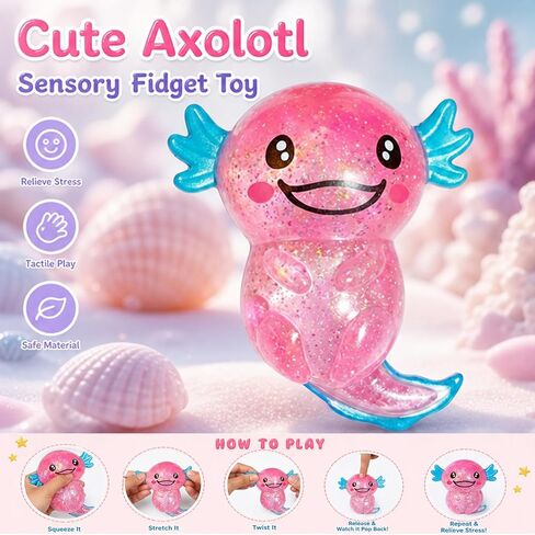 Axolotl Squishy Stress Relief Toy, Sugar Squishy Glitter Slow Rising Fidget Toys, Soft Squeeze Sensory Toy for Kids and Adults, Handheld Stress Ball for Anxiety Focus in Saudi Arabia