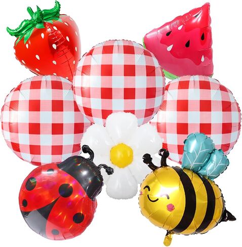 8pcs Picnic Balloons Gingham Balloons Picnic Party Decoration BBQ Themed Party Decorations Gingham Party Birthday Summer Picnic BBQ Party Decor Ladybug Balloon Strawberry Decor in Saudi Arabia