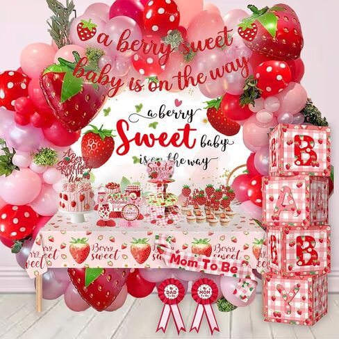 Strawberry Baby Shower Decorations, Berry Sweet Baby Shower Decorations A Berry Sweet Baby Is On The Way Party Supplies Backdrop Balloon Box Mom to Be Sash Dad to Be Pin Tablecloths Cake Topper in Saudi Arabia