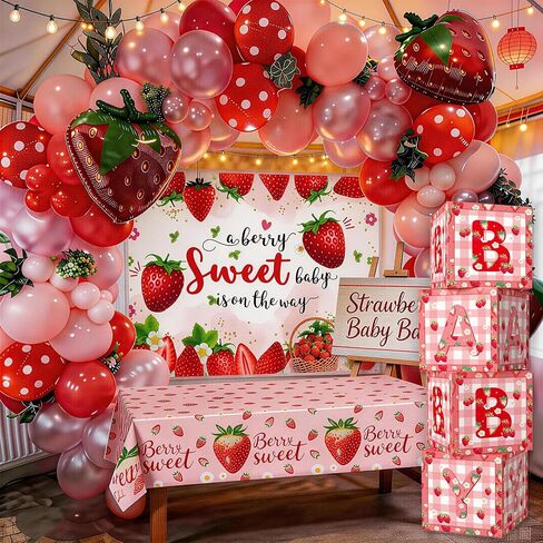 Strawberry Baby Shower Decorations, Berry Sweet Baby Shower Decorations A Berry Sweet Baby Is On The Way Party Supplies Backdrop Balloon Box Mom to Be Sash Dad to Be Pin Tablecloths Cake Topper in Saudi Arabia