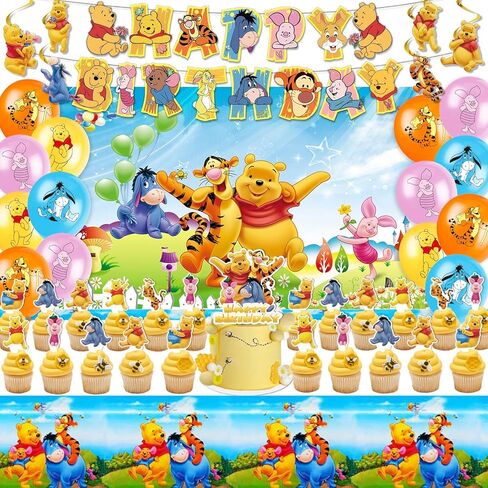 Winnie The Pooh Birthday Decorations, Party Supplies Set Include Banner, Backdrop, Balloons, Hanging Swirls, Cake Cupcake Toppers, Tablecloth for Boys Girls Winnie The Pooh Theme Party in Saudi Arabia