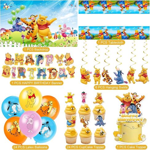 Winnie The Pooh Birthday Decorations, Party Supplies Set Include Banner, Backdrop, Balloons, Hanging Swirls, Cake Cupcake Toppers, Tablecloth for Boys Girls Winnie The Pooh Theme Party in Saudi Arabia