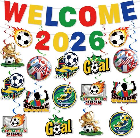 Soccer Party Decorations, Pre-Strung World Soccer Cup 2026 Banner with Hanging Swirls for Soccer Party Supplies Sports Themed Birthday Party Decorations in Saudi Arabia