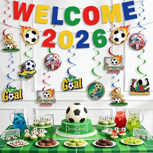 Soccer Party Decorations, Pre-Strung World Soccer Cup 2026 Banner with Hanging Swirls for Soccer Party Supplies Sports Themed Birthday Party Decorations in Saudi Arabia