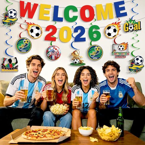 Soccer Party Decorations, Pre-Strung World Soccer Cup 2026 Banner with Hanging Swirls for Soccer Party Supplies Sports Themed Birthday Party Decorations in Saudi Arabia