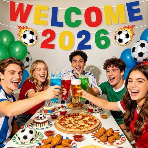 Soccer Party Decorations, Pre-Strung World Soccer Cup 2026 Banner with Hanging Swirls for Soccer Party Supplies Sports Themed Birthday Party Decorations in Saudi Arabia