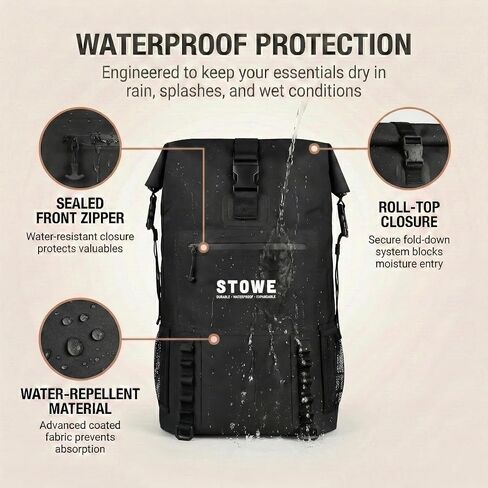 STOWE Expandable Waterproof HikingTravel Backpack, Laptop Compartment, Luggage Strap, Anti-Theft Design, Personal Item Bag (Black) in Kuwait