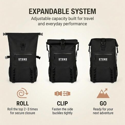 STOWE Expandable Waterproof HikingTravel Backpack, Laptop Compartment, Luggage Strap, Anti-Theft Design, Personal Item Bag (Black) in Kuwait