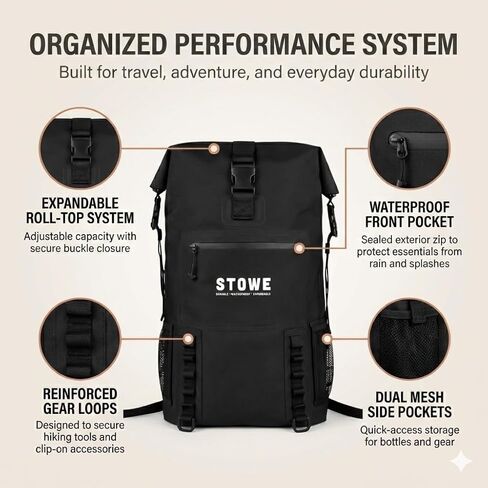 STOWE Expandable Waterproof HikingTravel Backpack, Laptop Compartment, Luggage Strap, Anti-Theft Design, Personal Item Bag (Black) in Kuwait