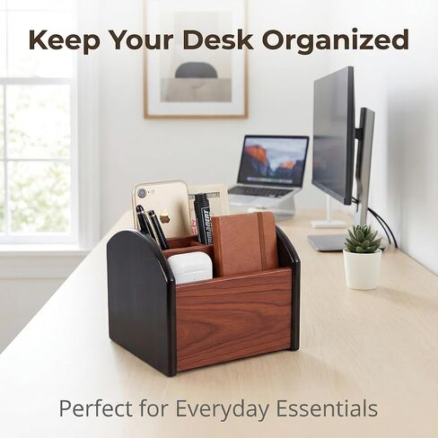 Wooden Desk Organizer with 4 Compartments, Remote Control Holder, Office Storage Caddy, 360-degree rotation Black and Brown Desk Organizer for Office Supplies in Saudi Arabia