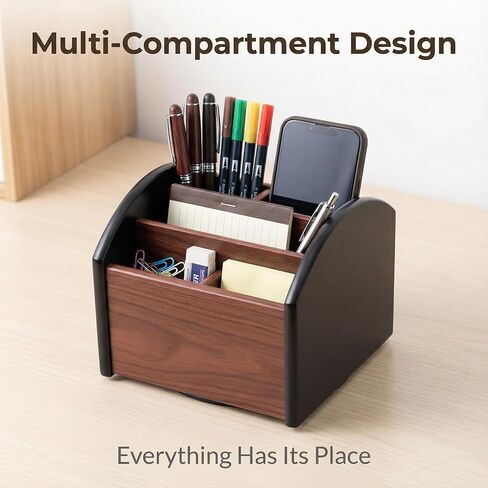 Wooden Desk Organizer with 4 Compartments, Remote Control Holder, Office Storage Caddy, 360-degree rotation Black and Brown Desk Organizer for Office Supplies in Saudi Arabia