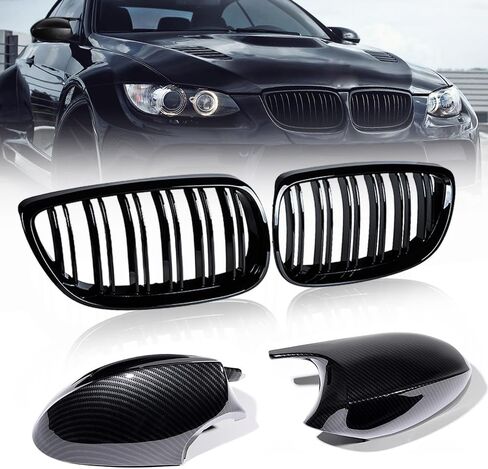 Carbon Fiber Side Mirror Cover Caps & Glossy Black Dual Slat Kidney Grille Grill Kit for BMW 2006-2010 E92 E93 328i 335i Coupe Convertible 2 Door OE# 51712155451, 51167135098 in Saudi Arabia