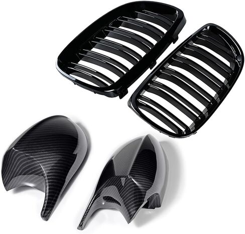 Carbon Fiber Side Mirror Cover Caps & Glossy Black Dual Slat Kidney Grille Grill Kit for BMW 2006-2010 E92 E93 328i 335i Coupe Convertible 2 Door OE# 51712155451, 51167135098 in Saudi Arabia