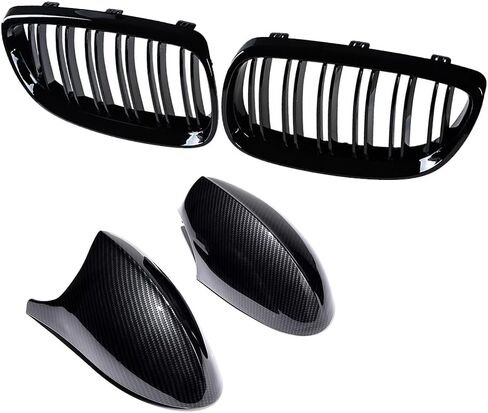 Carbon Fiber Side Mirror Cover Caps & Glossy Black Dual Slat Kidney Grille Grill Kit for BMW 2006-2010 E92 E93 328i 335i Coupe Convertible 2 Door OE# 51712155451, 51167135098 in Saudi Arabia