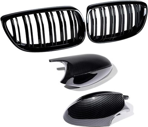 Carbon Fiber Side Mirror Cover Caps & Glossy Black Dual Slat Kidney Grille Grill Kit for BMW 2006-2010 E92 E93 328i 335i Coupe Convertible 2 Door OE# 51712155451, 51167135098 in Saudi Arabia