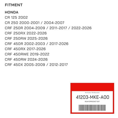 Factory Rear Sprocket Carbon Steel Black 50T for Honda CRF250R CRF250RX CRF450R CRF450RX CRF450X 2002-2026 - Replaces OEM Part 41203-MKE-A00 in Saudi Arabia