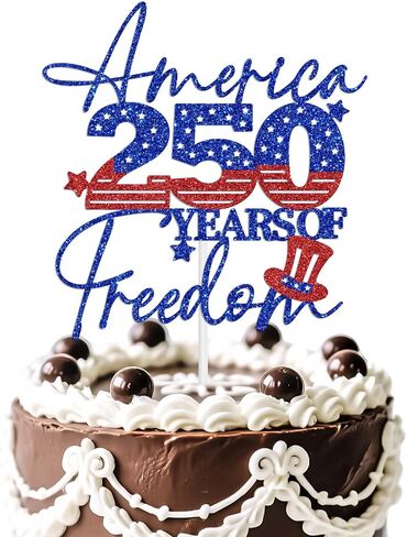 America 250 Years of Freedom Cake Topper, Happy 250 Years Party Decoration Supplies, 250 Anniversary USA Decorations, 1776-2026 Patriotic Decorations Blue & Red Glitter in Kuwait