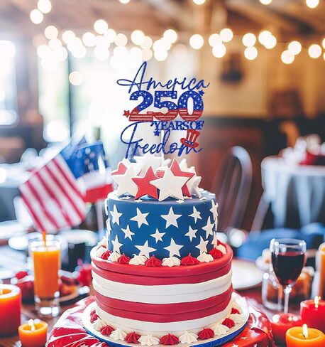 America 250 Years of Freedom Cake Topper, Happy 250 Years Party Decoration Supplies, 250 Anniversary USA Decorations, 1776-2026 Patriotic Decorations Blue & Red Glitter in Kuwait