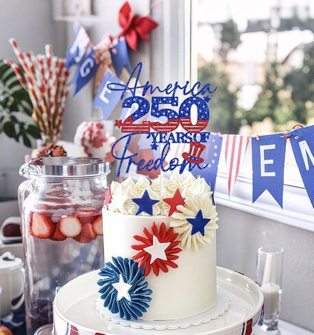 America 250 Years of Freedom Cake Topper, Happy 250 Years Party Decoration Supplies, 250 Anniversary USA Decorations, 1776-2026 Patriotic Decorations Blue & Red Glitter in Kuwait