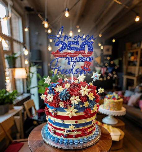 America 250 Years of Freedom Cake Topper, Happy 250 Years Party Decoration Supplies, 250 Anniversary USA Decorations, 1776-2026 Patriotic Decorations Blue & Red Glitter in Kuwait