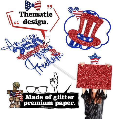 America 250 Years of Freedom Cake Topper, Happy 250 Years Party Decoration Supplies, 250 Anniversary USA Decorations, 1776-2026 Patriotic Decorations Blue & Red Glitter in Kuwait