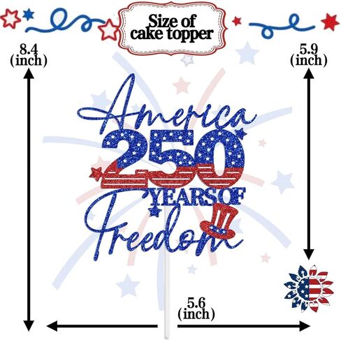 America 250 Years of Freedom Cake Topper, Happy 250 Years Party Decoration Supplies, 250 Anniversary USA Decorations, 1776-2026 Patriotic Decorations Blue & Red Glitter in Kuwait