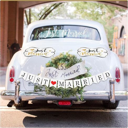 Sun Walker 4PCS Just Married Car Decorations, Ornate Magnets Auto Hanging Sign Banner Just Married Sticker, Removable Wedding Ceremony Exterior Decor for Vehicle Window Door Tailgate in Kuwait