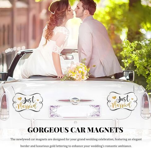 Sun Walker 4PCS Just Married Car Decorations, Ornate Magnets Auto Hanging Sign Banner Just Married Sticker, Removable Wedding Ceremony Exterior Decor for Vehicle Window Door Tailgate in Kuwait