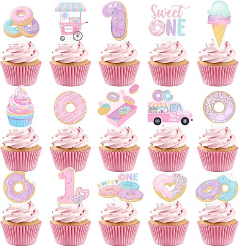 Sweet One Donut Cupcake Toppers Pink Donut Themed 1st Birthday Cupcake Picks for Baby Girl’s First Birthday Party Decorations in Kuwait