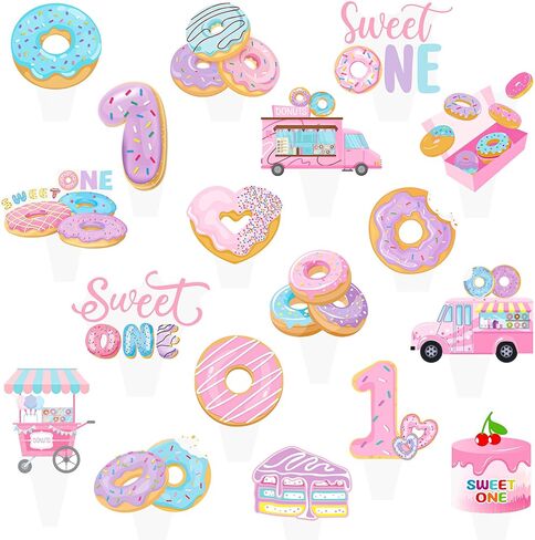 Sweet One Donut Cupcake Toppers Pink Donut Themed 1st Birthday Cupcake Picks for Baby Girl’s First Birthday Party Decorations in Kuwait