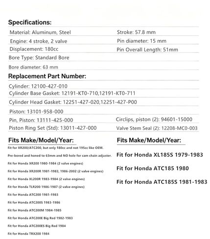63mm Cylinder Piston Gaskets Top End Kit Fit for Honda XL185S/ATC185S/ATC200/ATC200S/ATC200M/XL200R/XR200 in Saudi Arabia