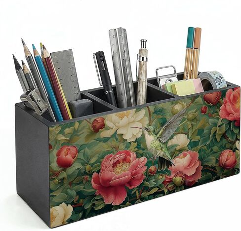 Vintage William Morris Inspired Floral Hummingbird Wooden Pencil Pen Holder for Desk Accessories, Rustic Botanical Hummingbird Bird Makeup Brush Holder Organizer for Bathroom Vanity in Kuwait