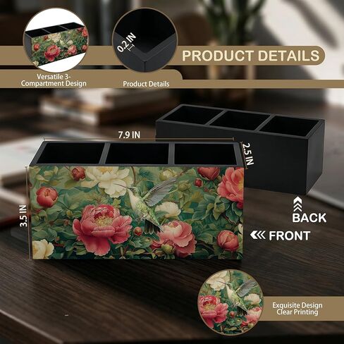 Vintage William Morris Inspired Floral Hummingbird Wooden Pencil Pen Holder for Desk Accessories, Rustic Botanical Hummingbird Bird Makeup Brush Holder Organizer for Bathroom Vanity in Kuwait