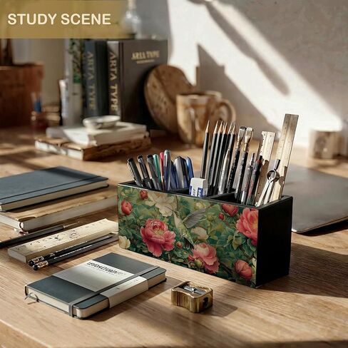 Vintage William Morris Inspired Floral Hummingbird Wooden Pencil Pen Holder for Desk Accessories, Rustic Botanical Hummingbird Bird Makeup Brush Holder Organizer for Bathroom Vanity in Kuwait