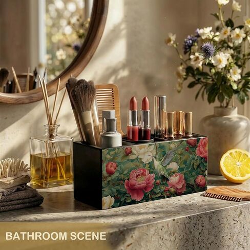 Vintage William Morris Inspired Floral Hummingbird Wooden Pencil Pen Holder for Desk Accessories, Rustic Botanical Hummingbird Bird Makeup Brush Holder Organizer for Bathroom Vanity in Kuwait