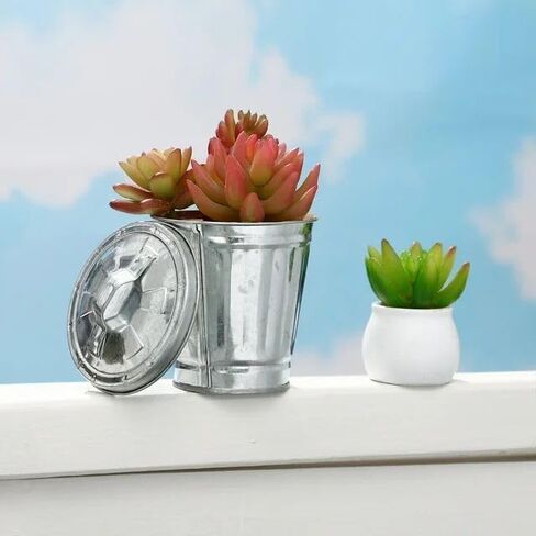 Silver Mini Galvanized Trash Can with Lid Mini Wastebasket Trash Can Small Metal Buckets Tabletop Trash Rubbish Bin Flower Pot Pen Holde Trash, Wastebaskets (9.5X9X9CM) in Kuwait