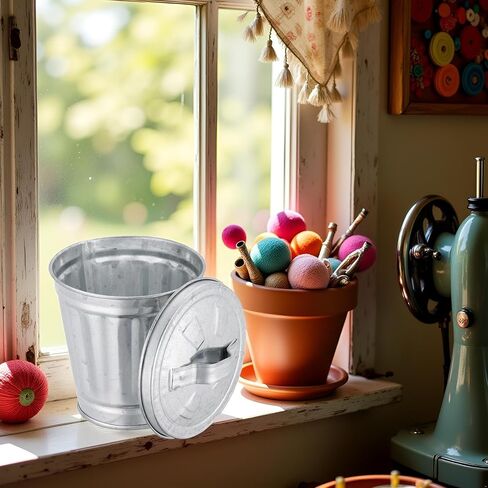Silver Mini Galvanized Trash Can with Lid Mini Wastebasket Trash Can Small Metal Buckets Tabletop Trash Rubbish Bin Flower Pot Pen Holde Trash, Wastebaskets (9.5X9X9CM) in Kuwait